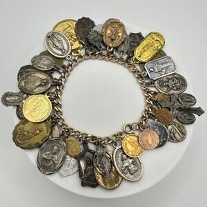Handmade 36 antique vintage Catholic medals charms 12kt gold filled bracelet